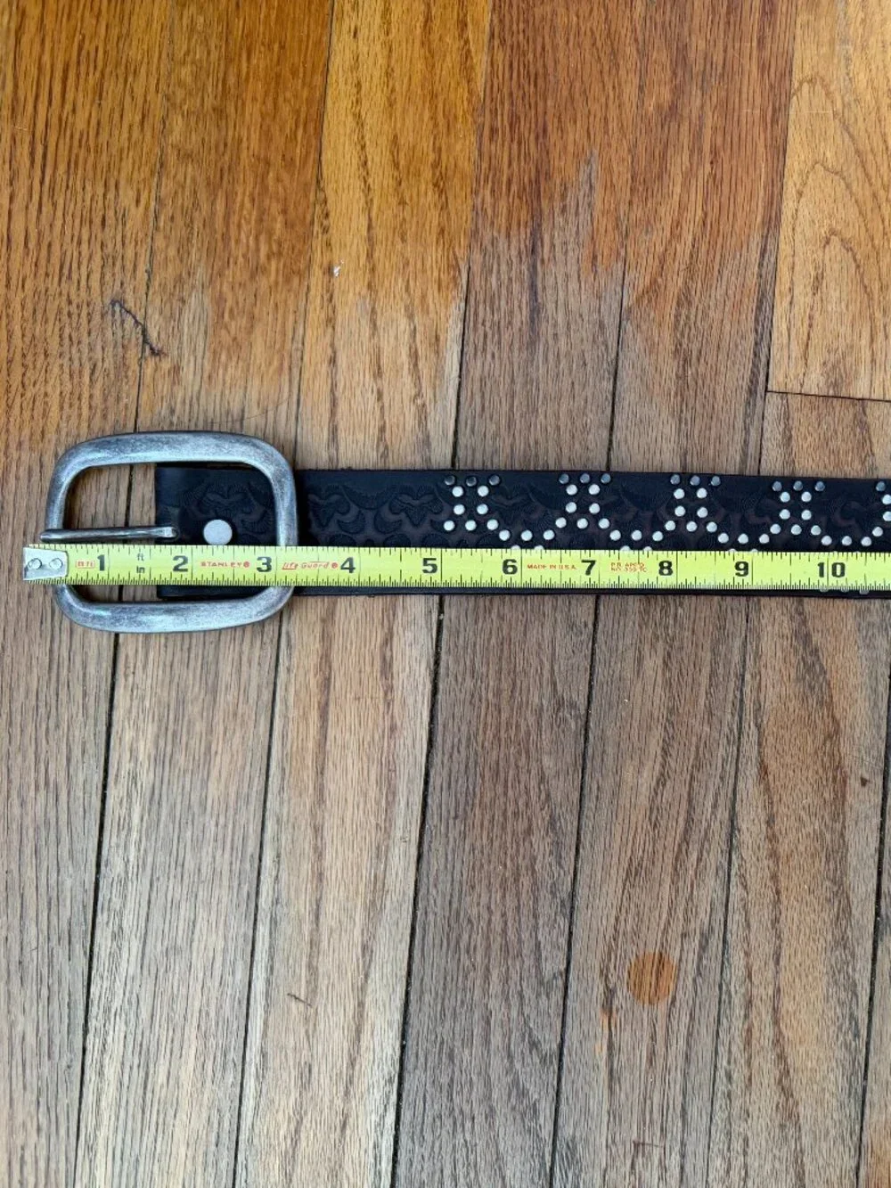 Black Studded Leather Belt with Antique Silver Buckle